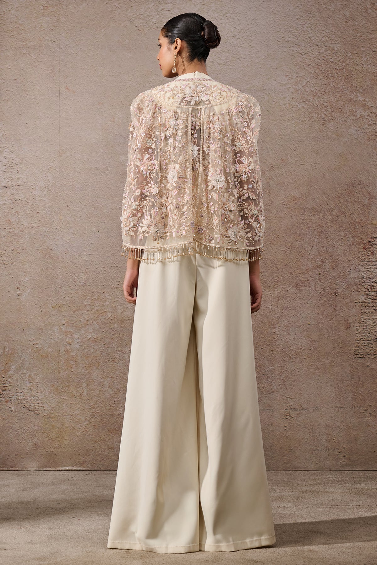 Ivory Hand-Embroidered Tulle Net Cape Dress (2-Piece) - Image 7