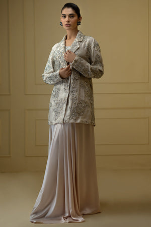 Indian Ivory Embroidered Organza Jacket with Silk Skirt (2-Piece) - Image 1