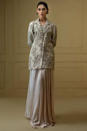 Indian Ivory Embroidered Organza Jacket with Silk Skirt (2-Piece) - Image 2