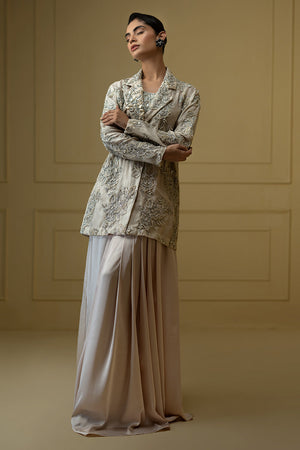 Indian Ivory Embroidered Organza Jacket with Silk Skirt (2-Piece) - Image 3