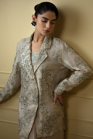 Indian Ivory Embroidered Organza Jacket with Silk Skirt (2-Piece) - Image 6