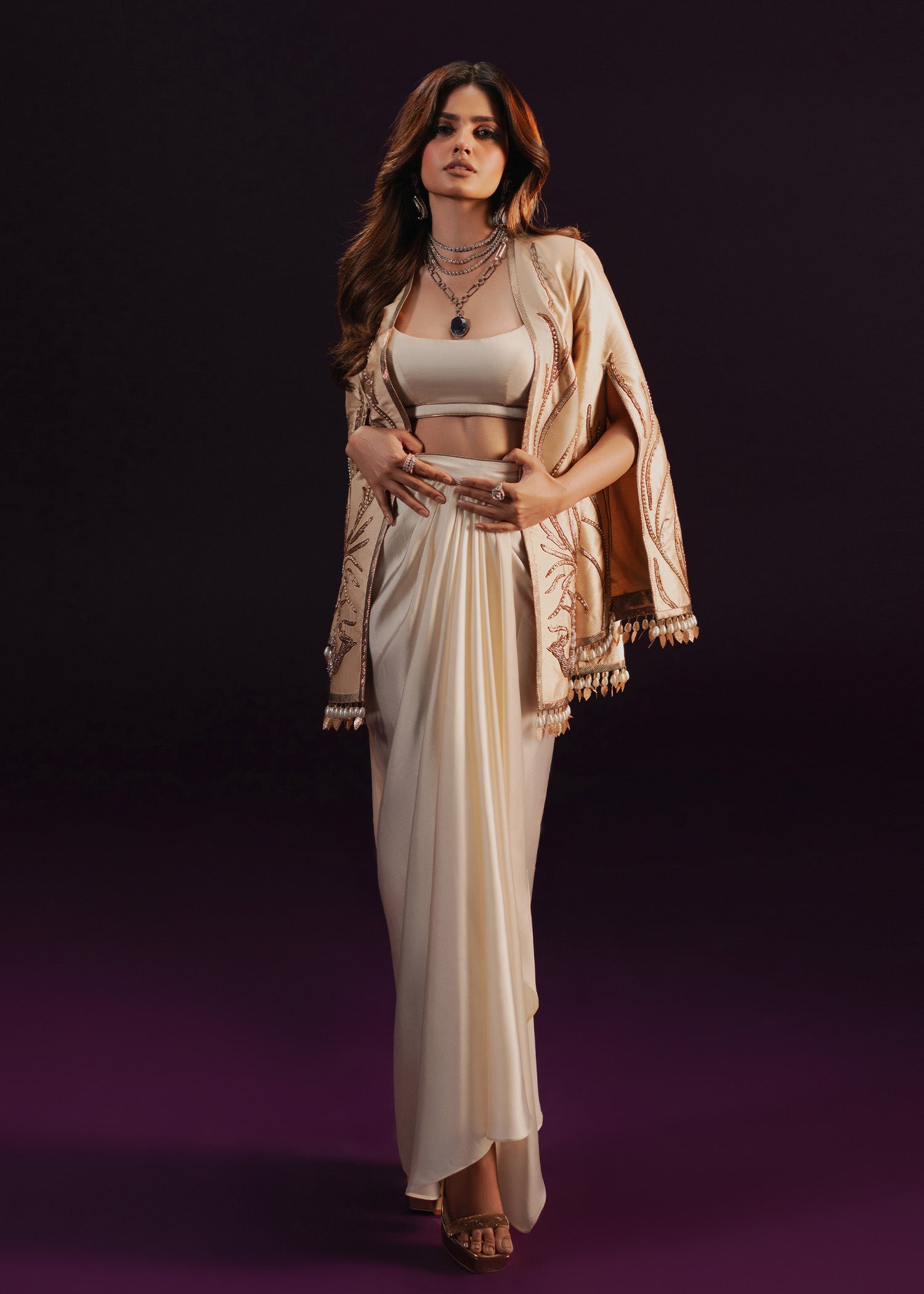 Ivory Champagne Embroidered Rawsilk Jacket & Satin Skirt (3-Piece) - Image 1