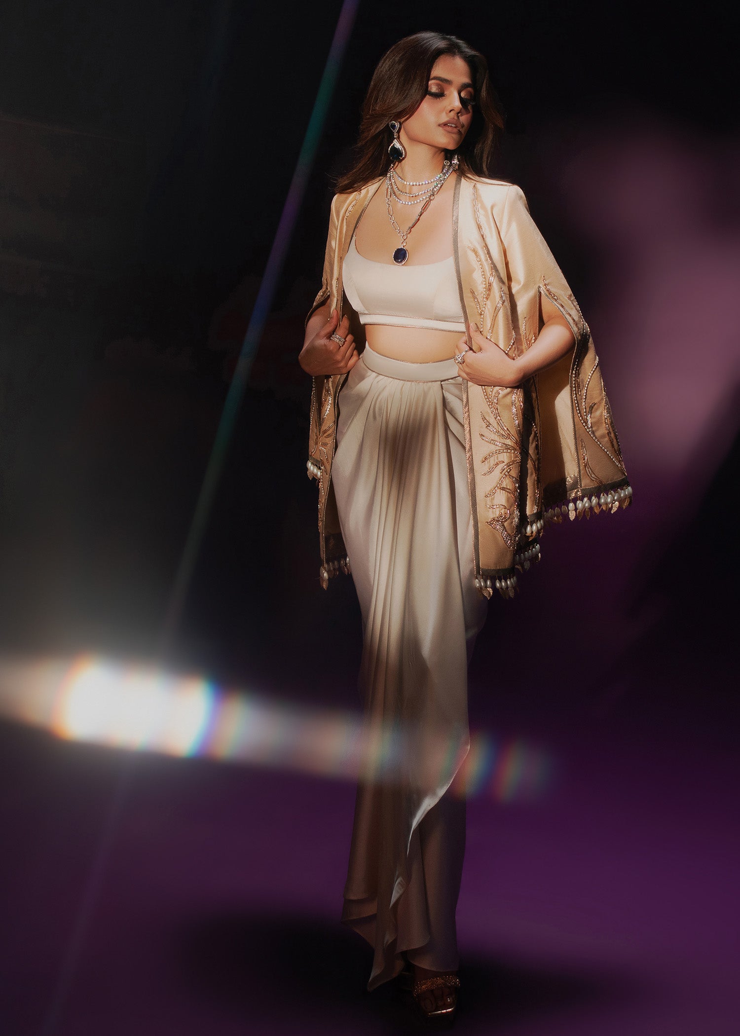 Ivory Champagne Embroidered Rawsilk Jacket & Satin Skirt (3-Piece) - Image 10