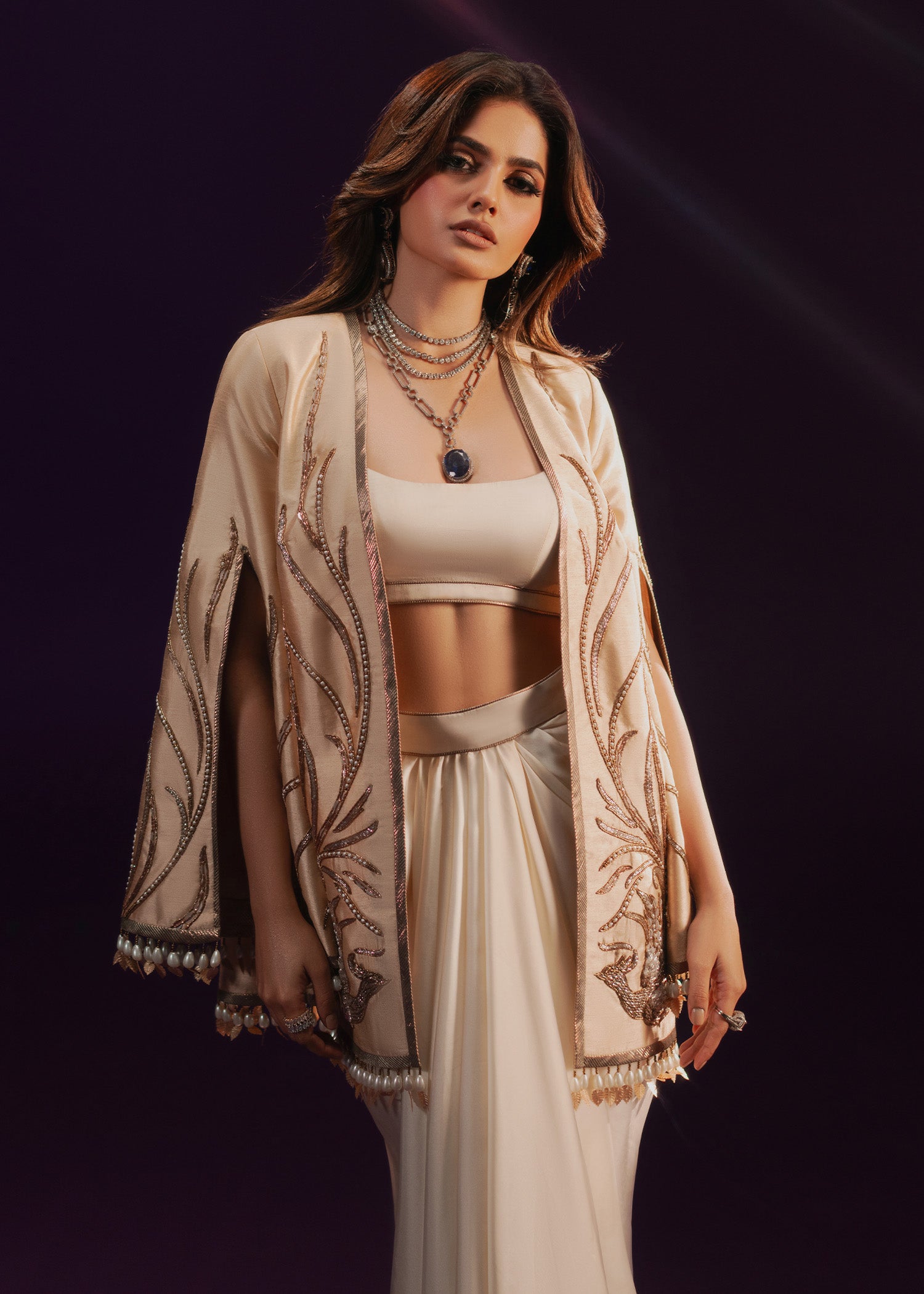 Ivory Champagne Embroidered Rawsilk Jacket & Satin Skirt (3-Piece) - Image 3