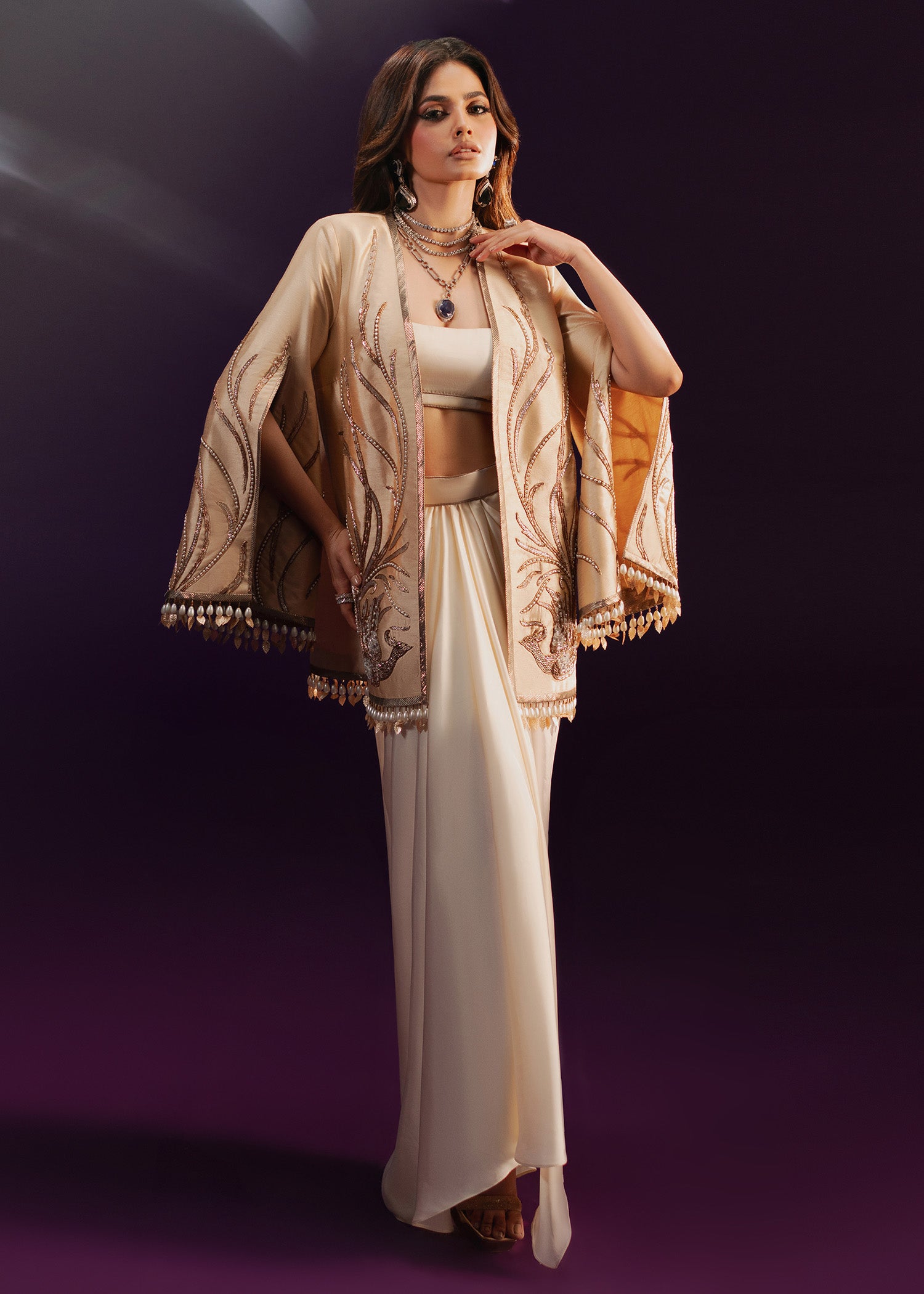 Ivory Champagne Embroidered Rawsilk Jacket & Satin Skirt (3-Piece) - Image 4