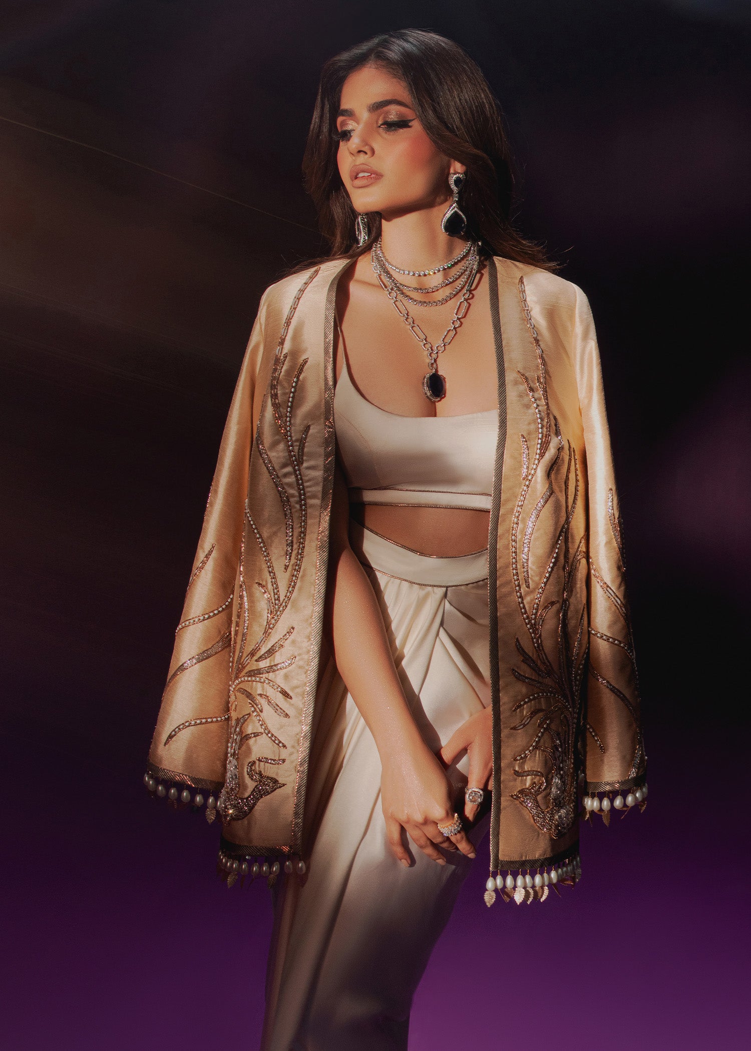 Ivory Champagne Embroidered Rawsilk Jacket & Satin Skirt (3-Piece) - Image 5