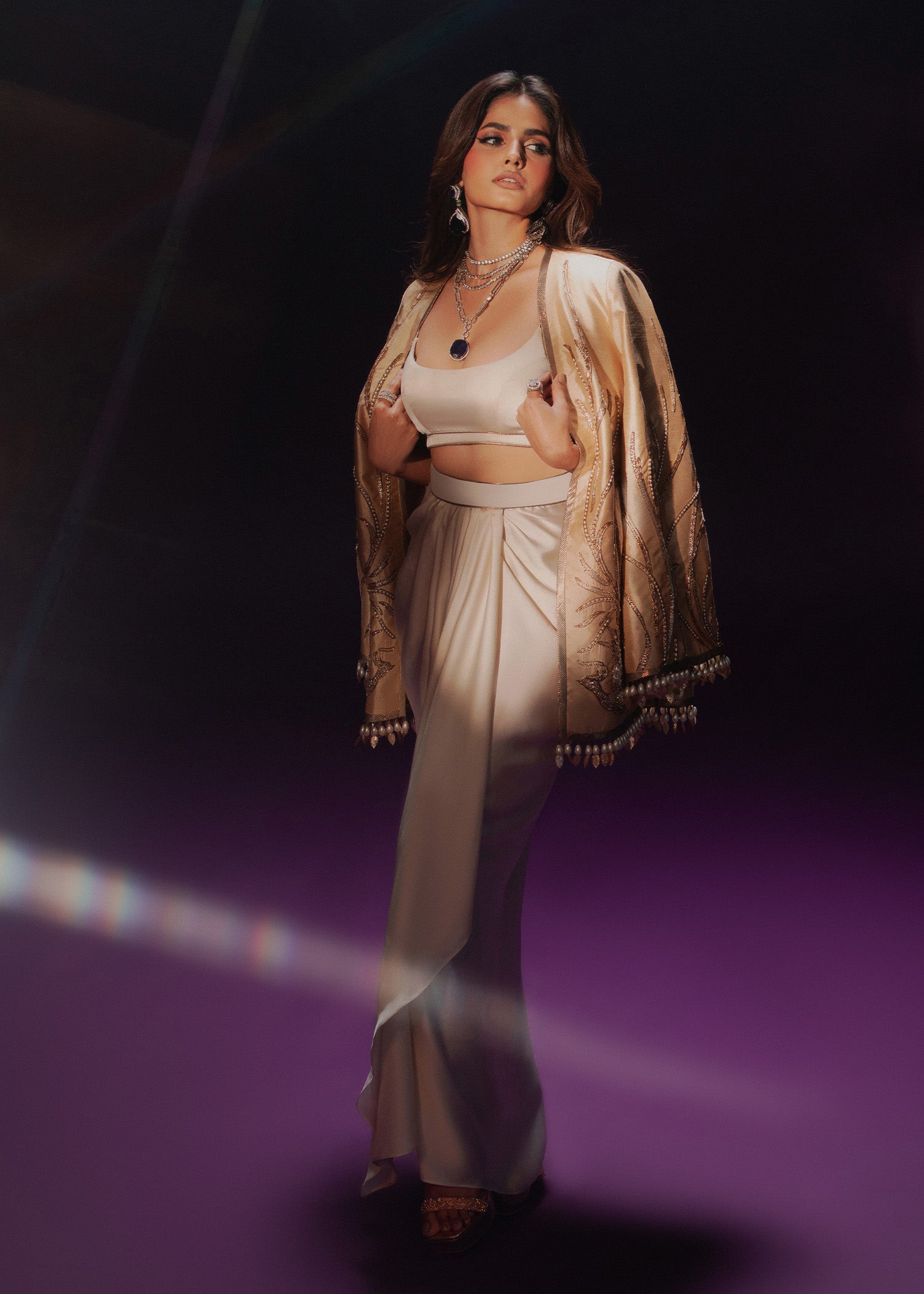 Ivory Champagne Embroidered Rawsilk Jacket & Satin Skirt (3-Piece) - Image 6