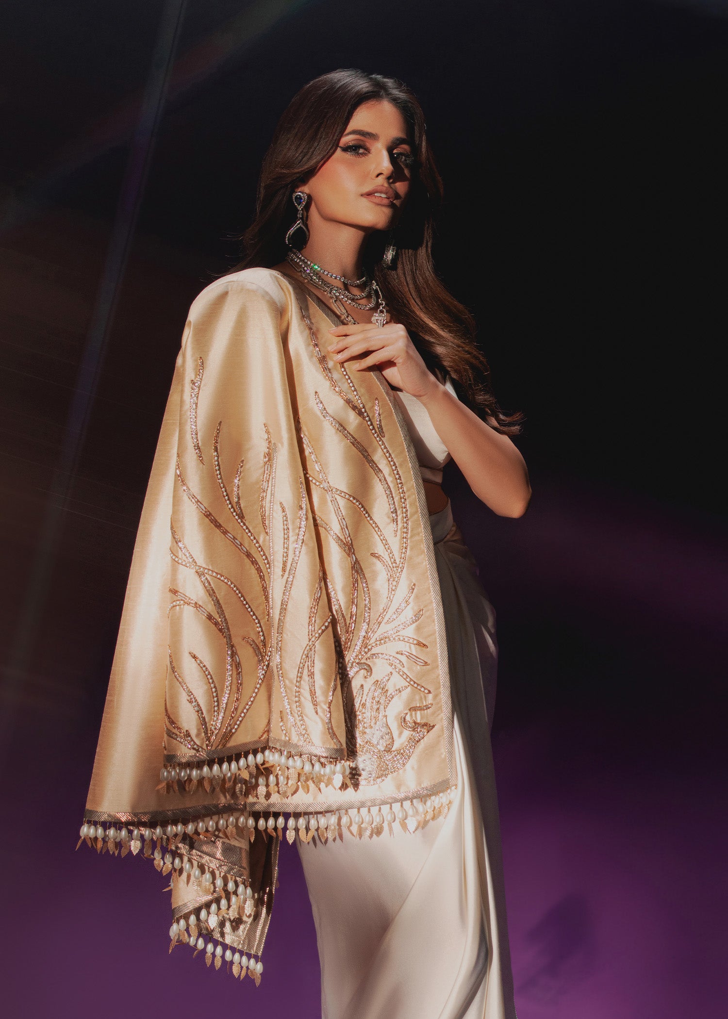 Ivory Champagne Embroidered Rawsilk Jacket & Satin Skirt (3-Piece) - Image 8