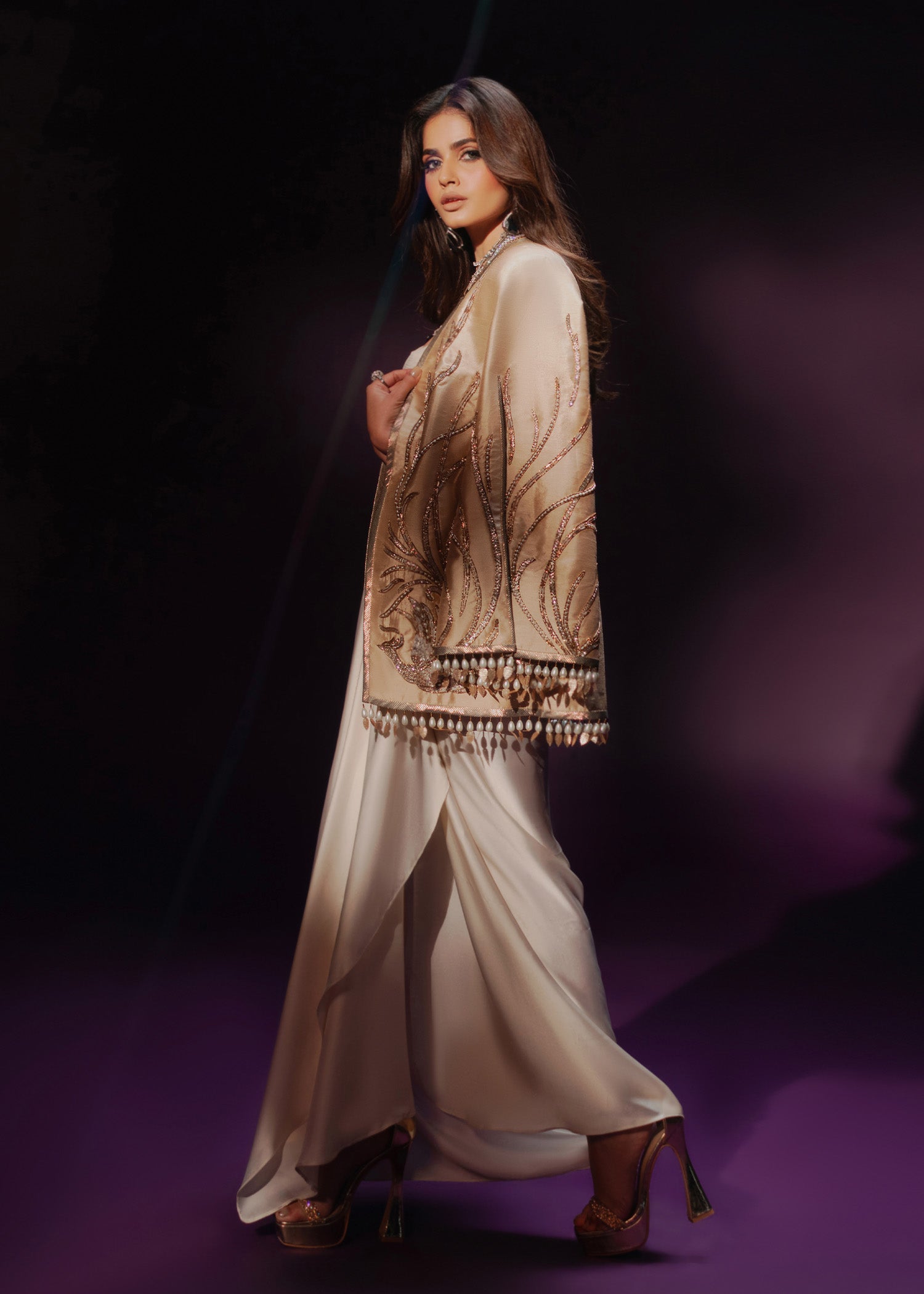 Ivory Champagne Embroidered Rawsilk Jacket & Satin Skirt (3-Piece) - Image 9