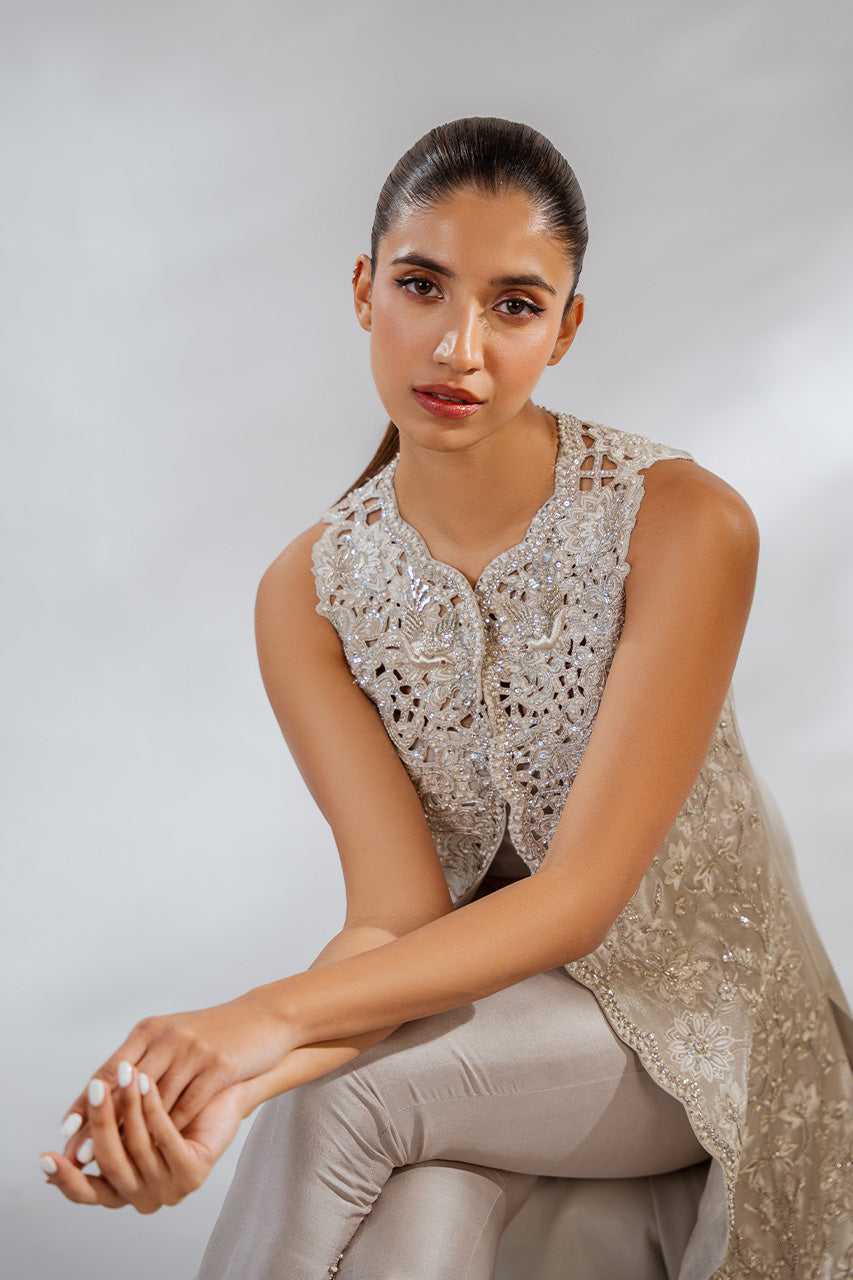 Metallic Ivory Embroidered Tissue Jacket Co-ord Set (3-Piece) - Image 6