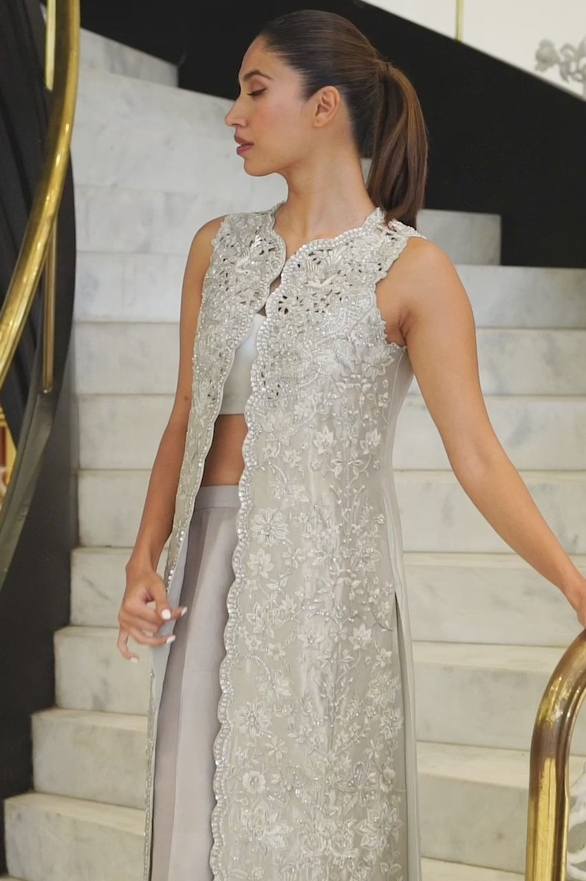 Metallic Ivory Embroidered Tissue Jacket Co-ord Set (3-Piece) - Image 7