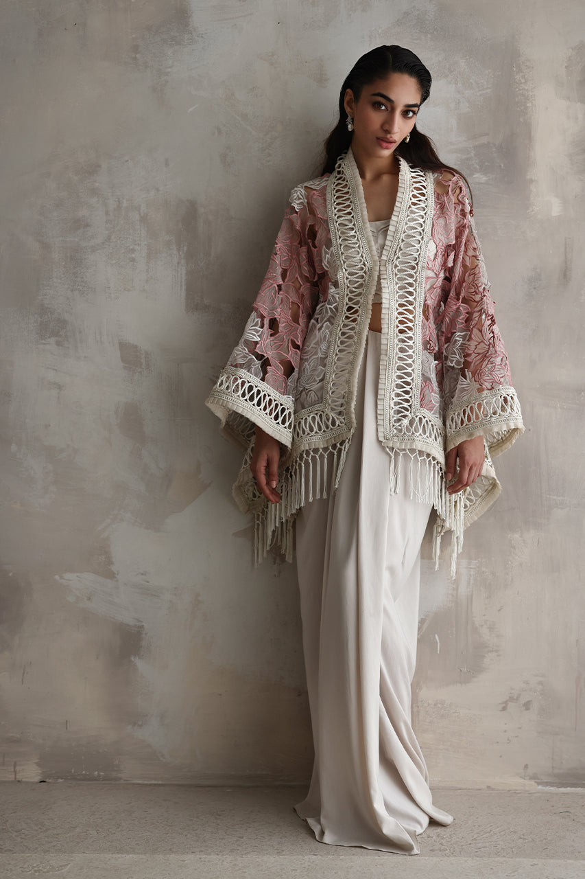 Pakistani Ivory Cutwork Embroidered Dhoti Skirt Set (3-Piece) - Image 1