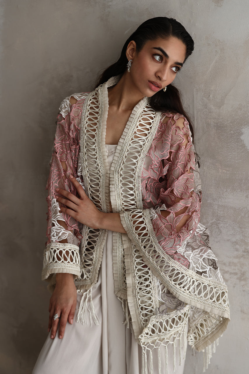 Pakistani Ivory Cutwork Embroidered Dhoti Skirt Set (3-Piece) - Image 2