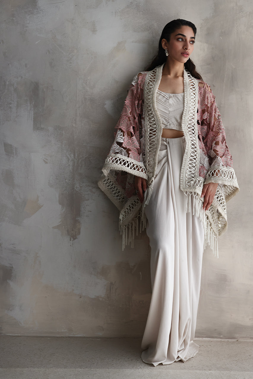 Pakistani Ivory Cutwork Embroidered Dhoti Skirt Set (3-Piece) - Image 4