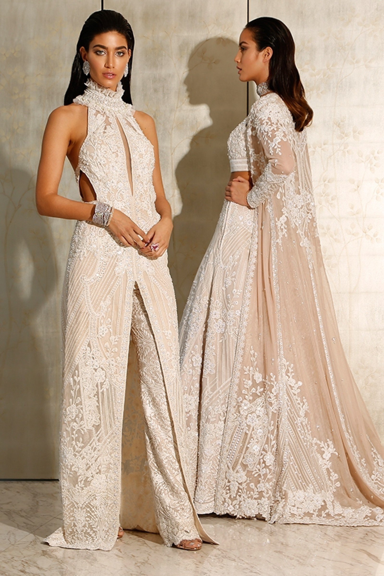 Ivory Embellished Net Halter Dress (2-Piece) - Image 1