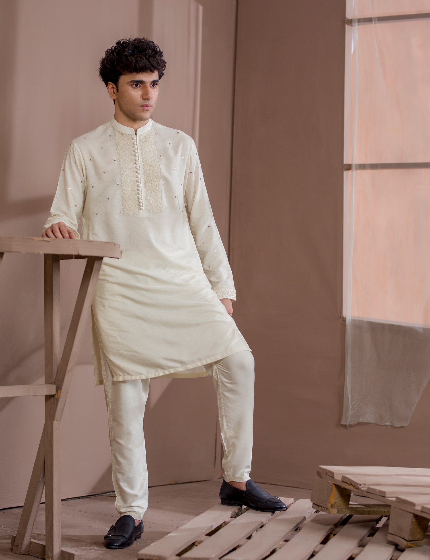 Off-White Embroidered Cotton Net Men’s Kurta (2-Piece) - Image 3