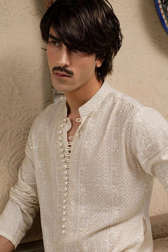 Ivory Embroidered Cotton-Silk Kurta (2-Piece) - Image 2