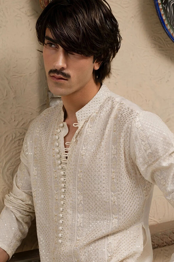 Ivory Embroidered Cotton-Silk Kurta (2-Piece) - Image 3