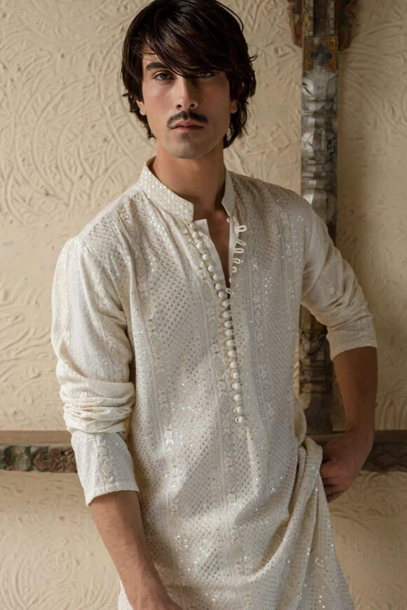 Ivory Embroidered Cotton-Silk Kurta (2-Piece) - Image 4
