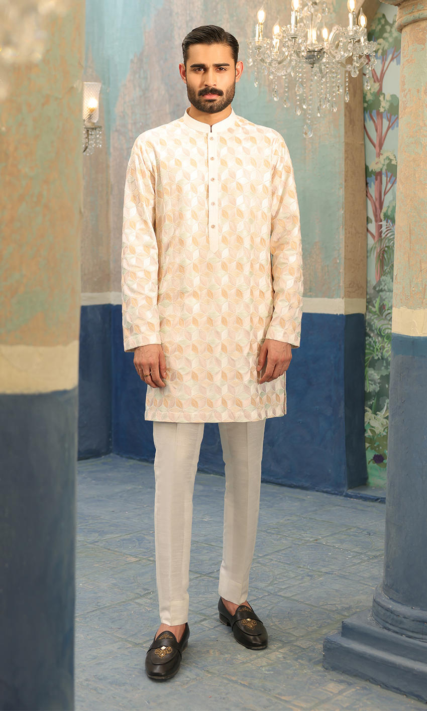 Off-White Pastel Embroidered Cotton-Silk Kurta (2-Piece) - Image 1