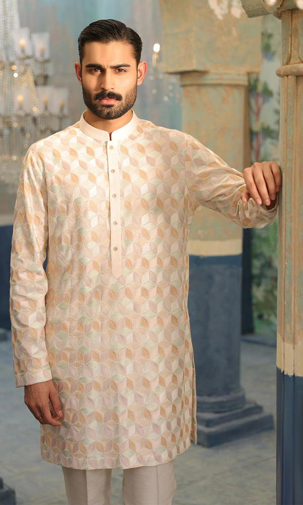 Off-White Pastel Embroidered Cotton-Silk Kurta (2-Piece) - Image 3
