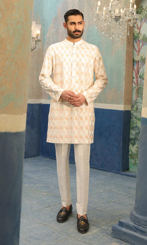 Off-White Pastel Embroidered Cotton-Silk Kurta (2-Piece) - Image 4