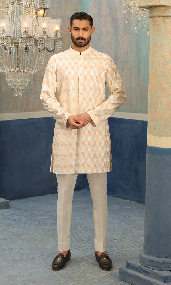 Off-White Pastel Embroidered Cotton-Silk Kurta (2-Piece) - Image 5