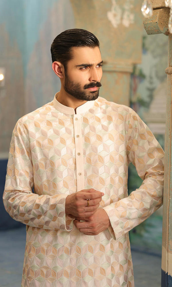 Off-White Pastel Embroidered Cotton-Silk Kurta (2-Piece) - Image 6