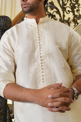 Ivory Embroidered Cotton-Silk Kurta Set (2-Piece) - Image 2