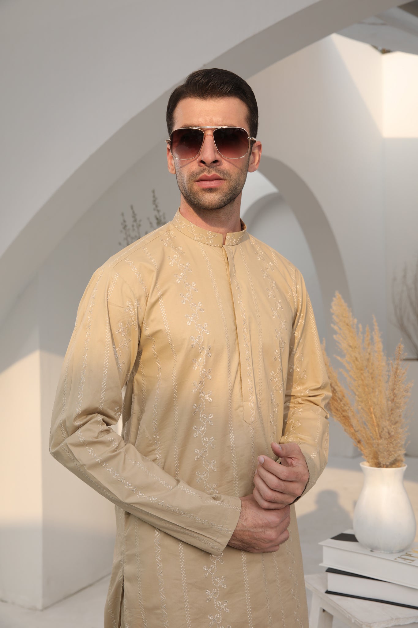 Ivory Skin Schiffli Embroidered Cotton Kurta Trouser (2-Piece) - Image 1