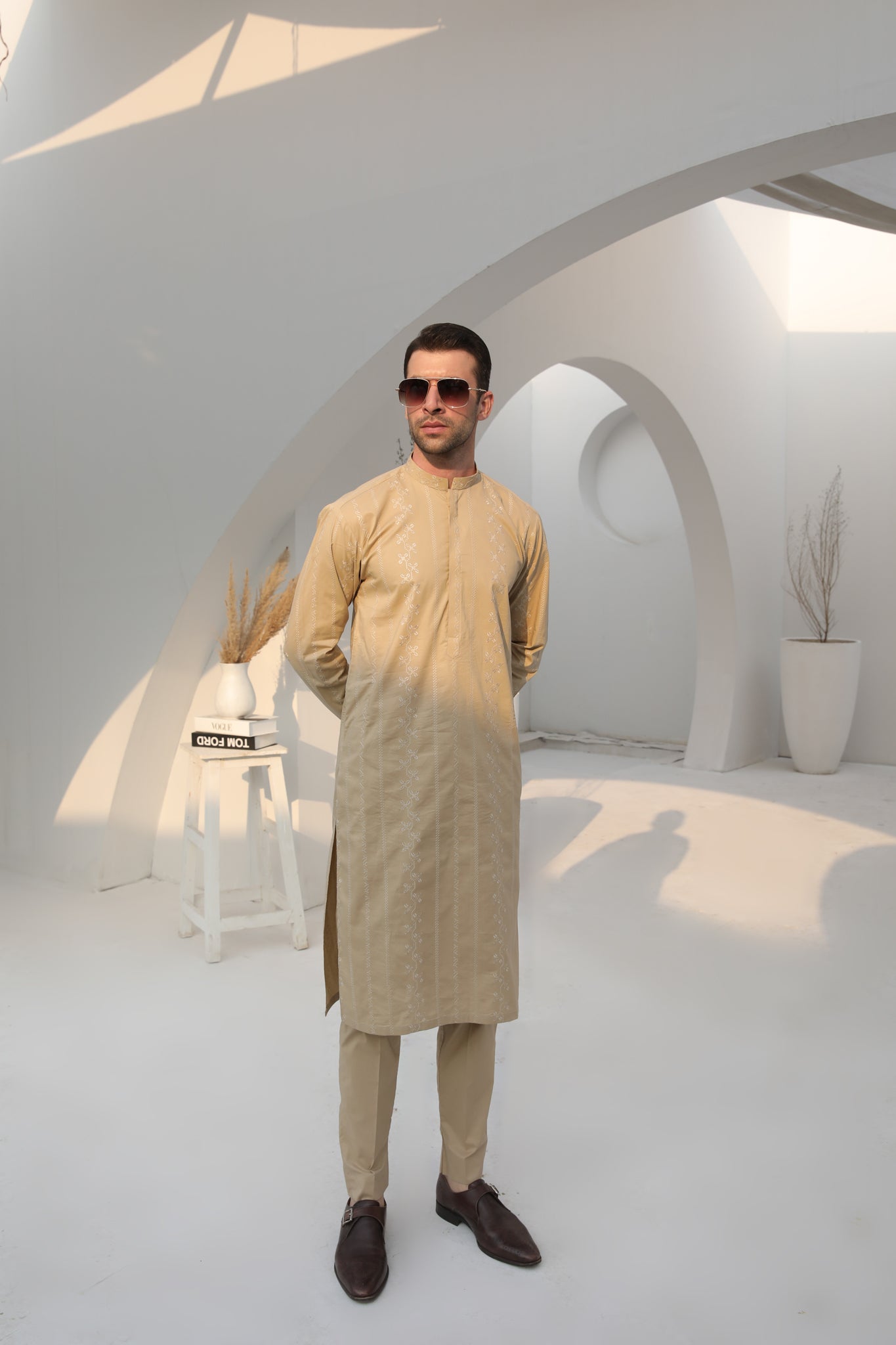 Ivory Skin Schiffli Embroidered Cotton Kurta Trouser (2-Piece) - Image 4