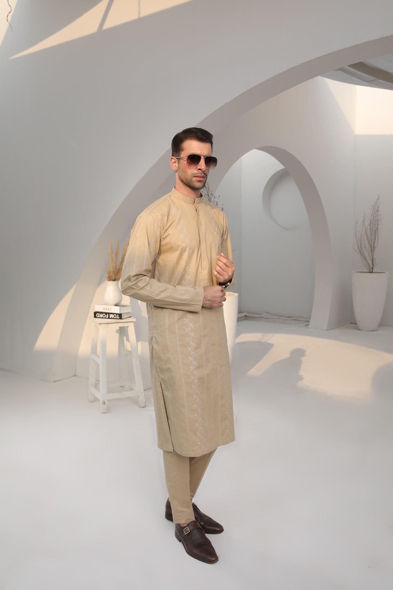 Ivory Skin Schiffli Embroidered Cotton Kurta Trouser (2-Piece) - Image 5