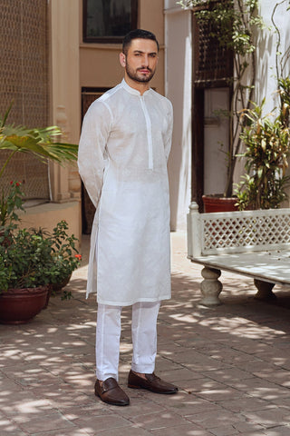 Off-White Embroidered Egyptian Cotton Lawn Kurta (2-Piece) - Image 2