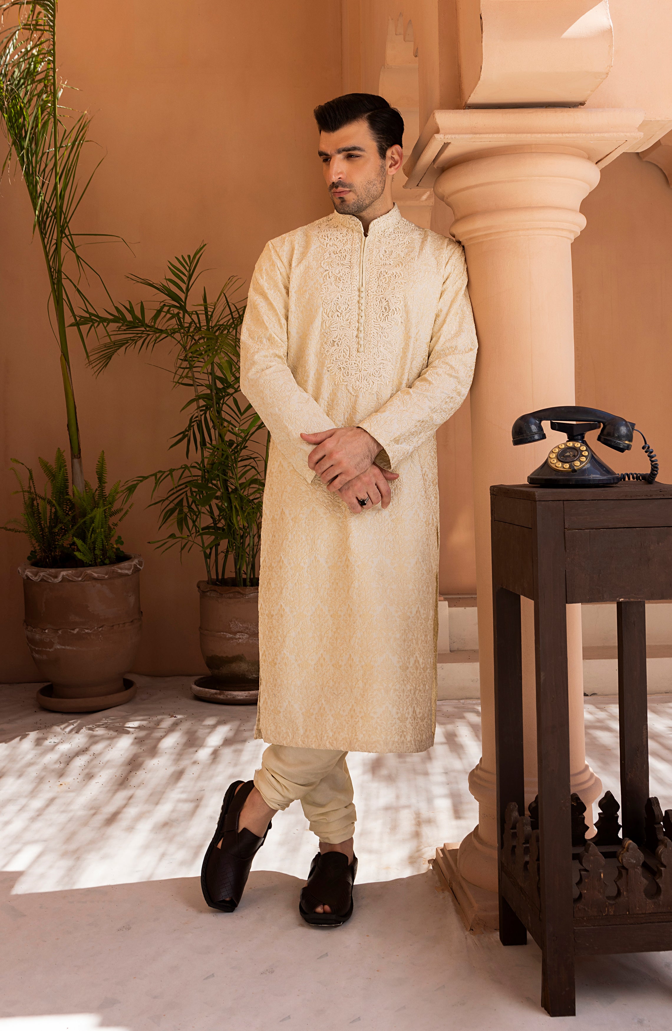 Off-White Embroidered Jacquard Kurta (2-Piece) - Image 1