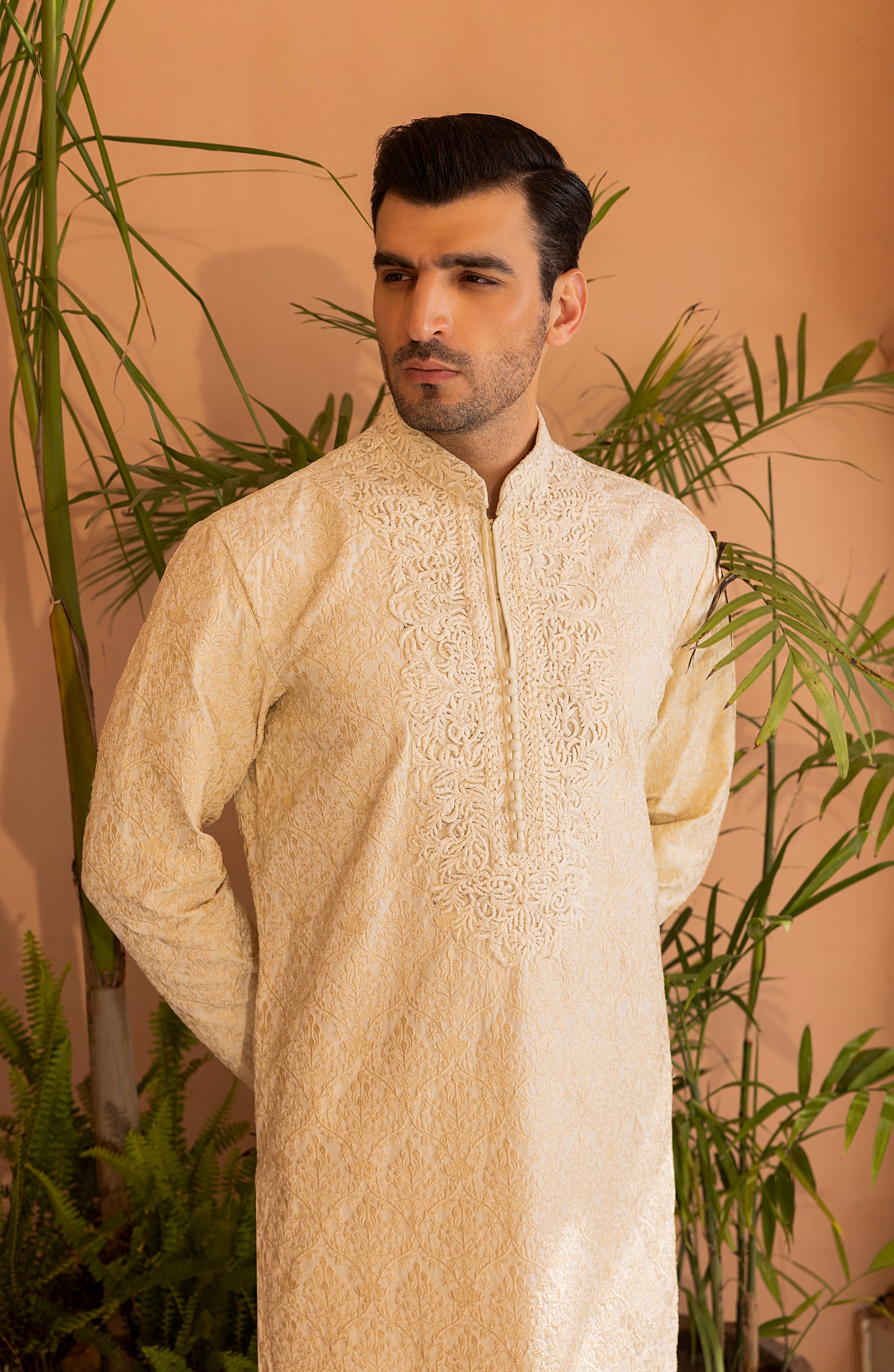 Off-White Embroidered Jacquard Kurta (2-Piece) - Image 2