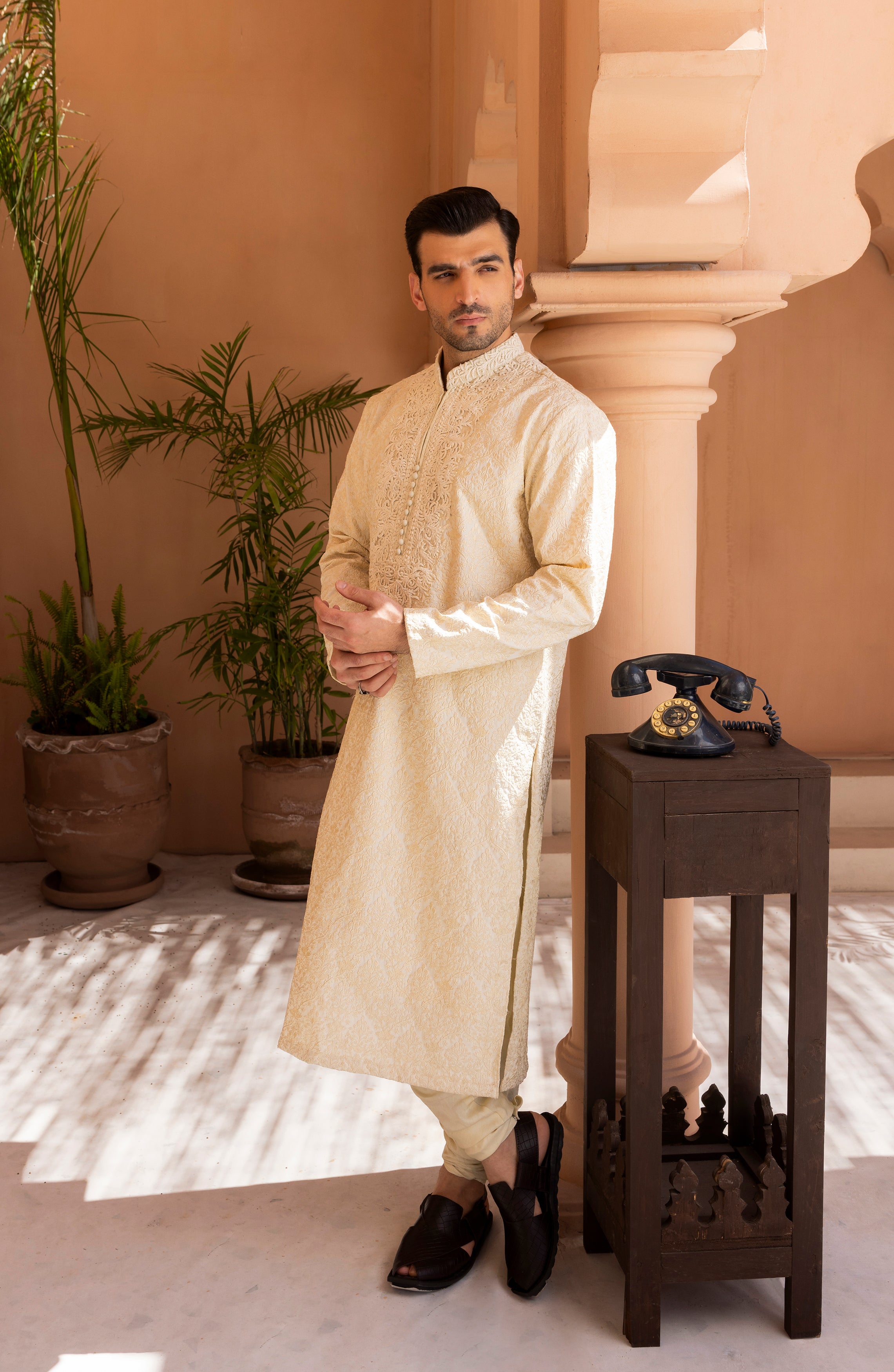 Off-White Embroidered Jacquard Kurta (2-Piece) - Image 3