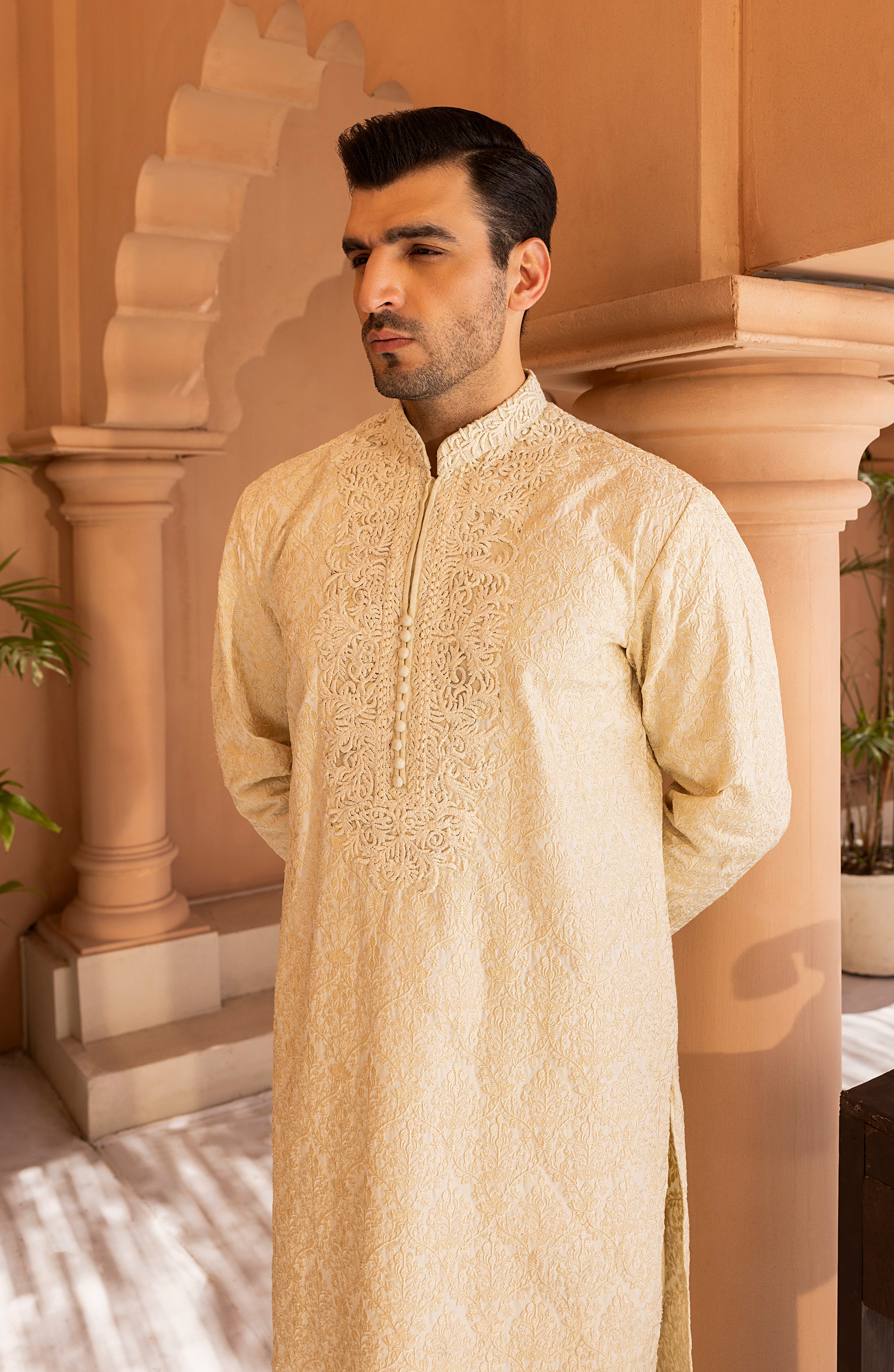 Off-White Embroidered Jacquard Kurta (2-Piece) - Image 6