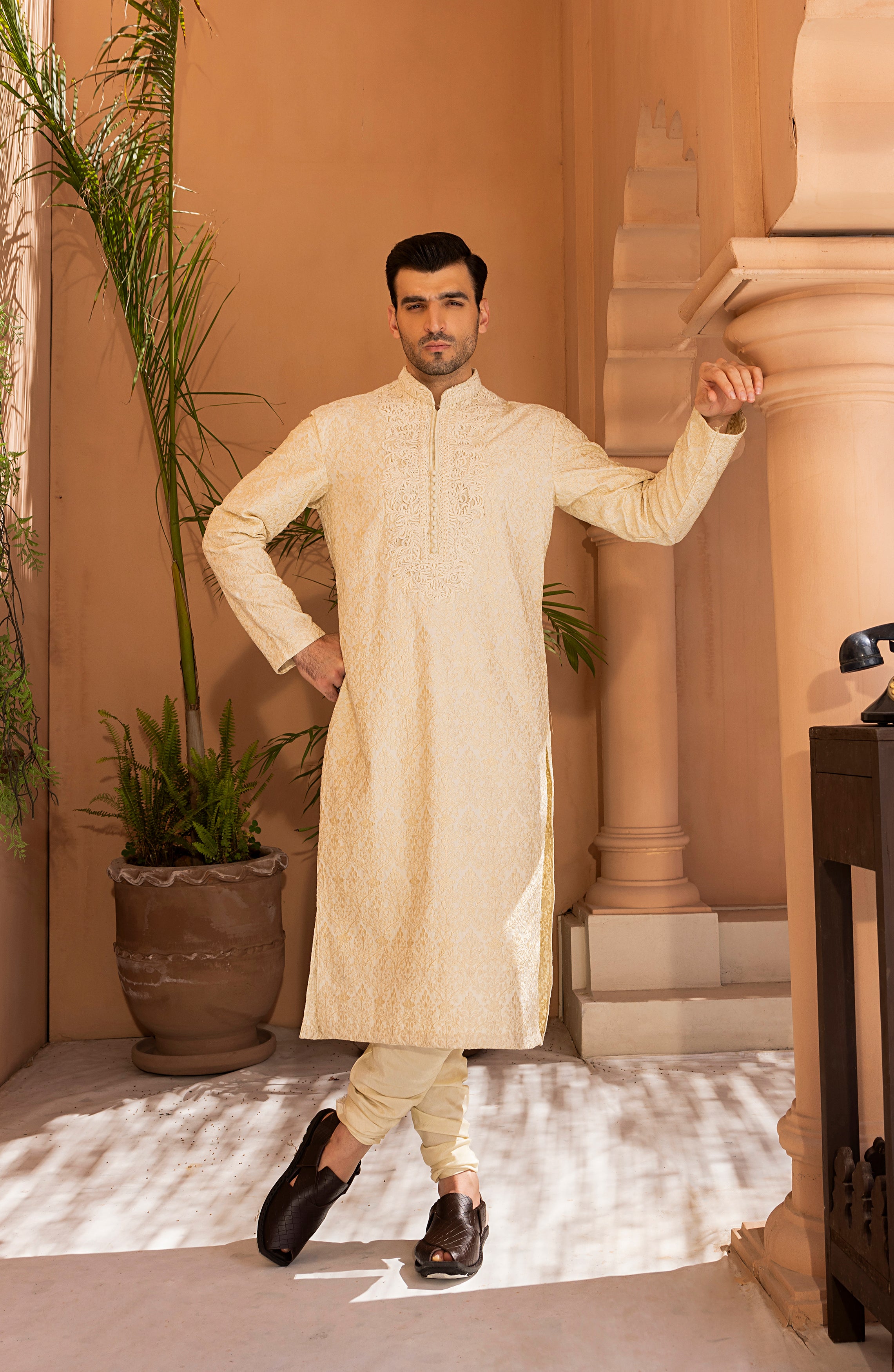 Off-White Embroidered Jacquard Kurta (2-Piece) - Image 7