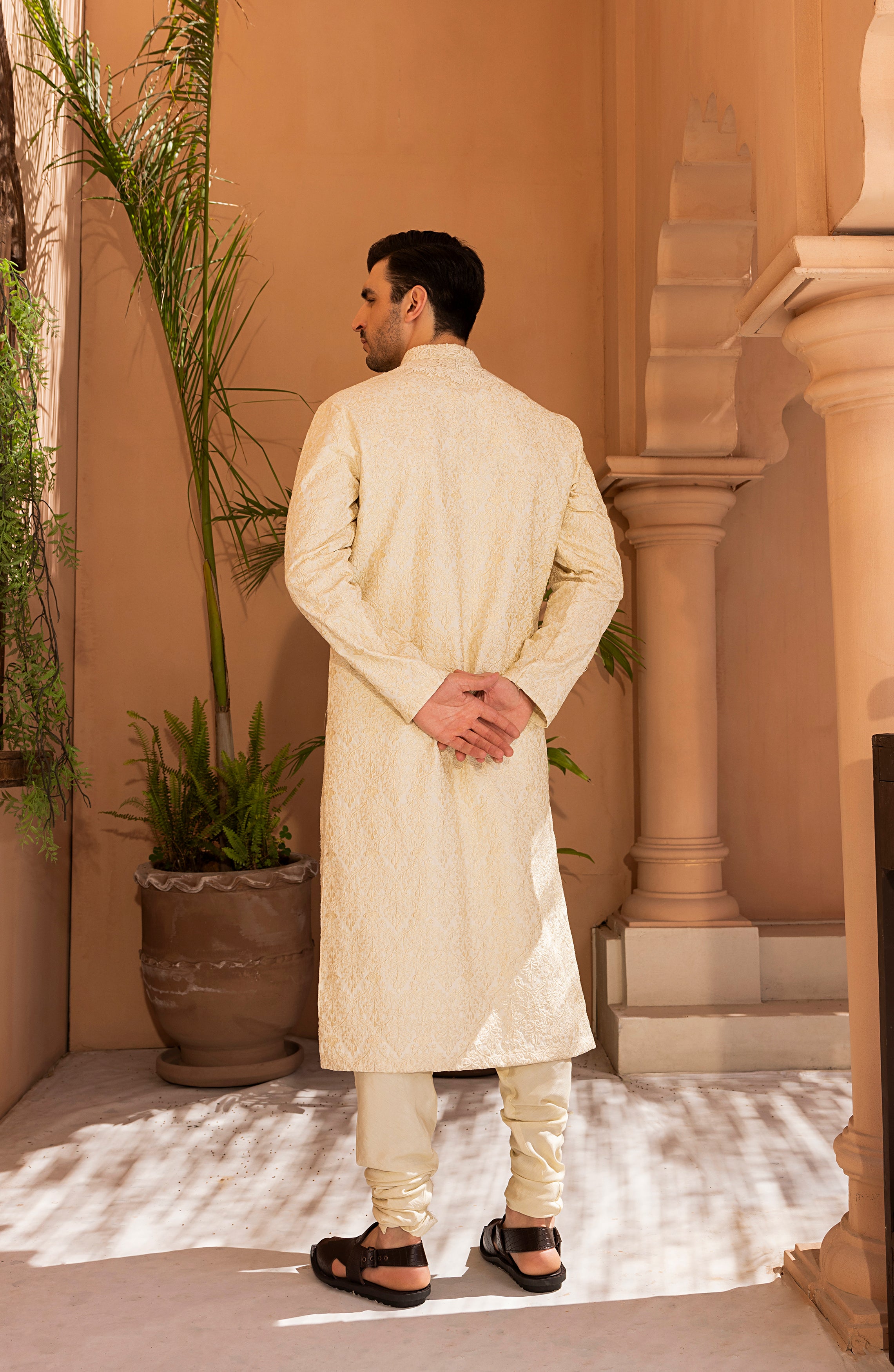 Off-White Embroidered Jacquard Kurta (2-Piece) - Image 8