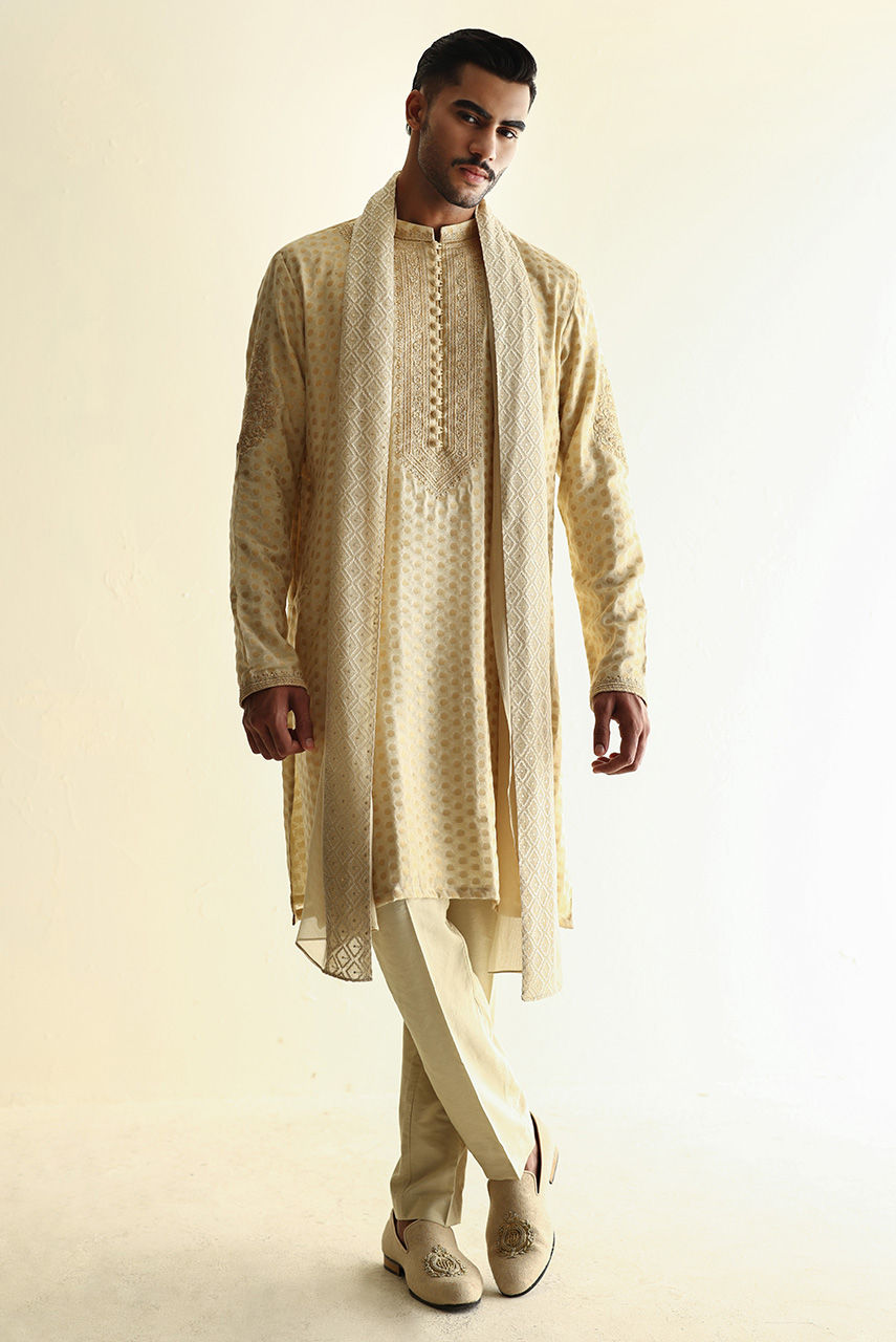 Ivory Embroidered Jacquard Men Kurta (3-Piece) - Image 6
