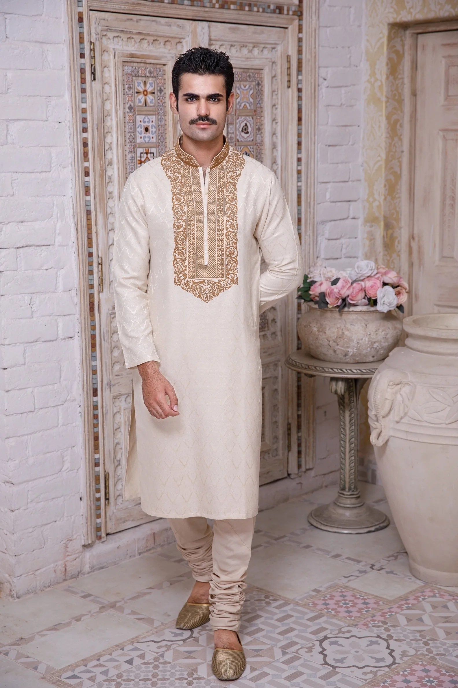 Ivory Gold Embroidered Karandi Kurta (2-Piece) - Image 1