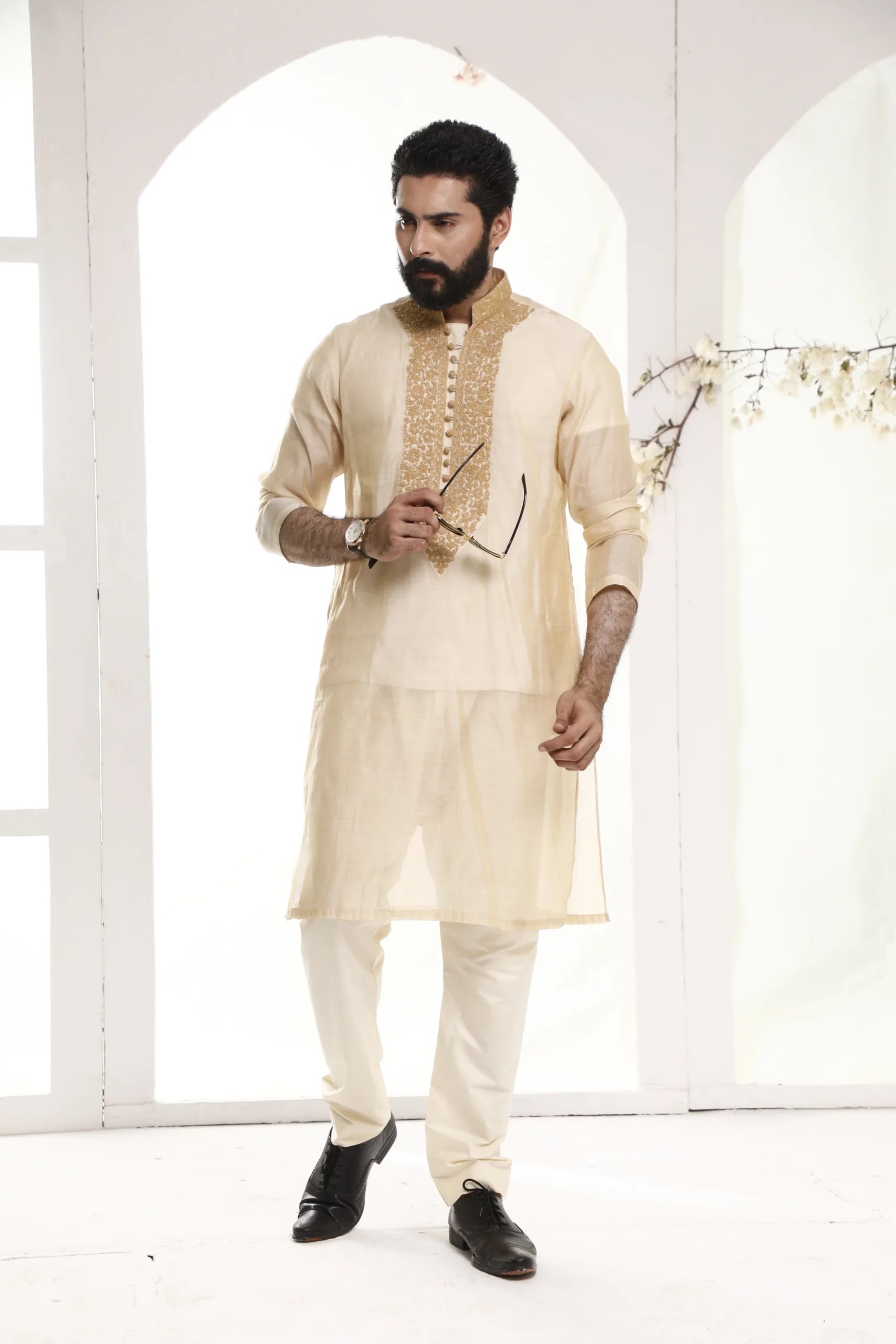 Ivory Embroidered Silk-Blend Kurta Set (2-Piece) - Image 2