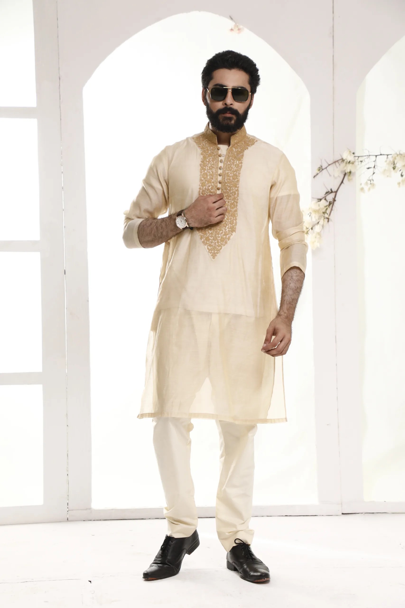 Ivory Embroidered Silk-Blend Kurta Set (2-Piece) - Image 3
