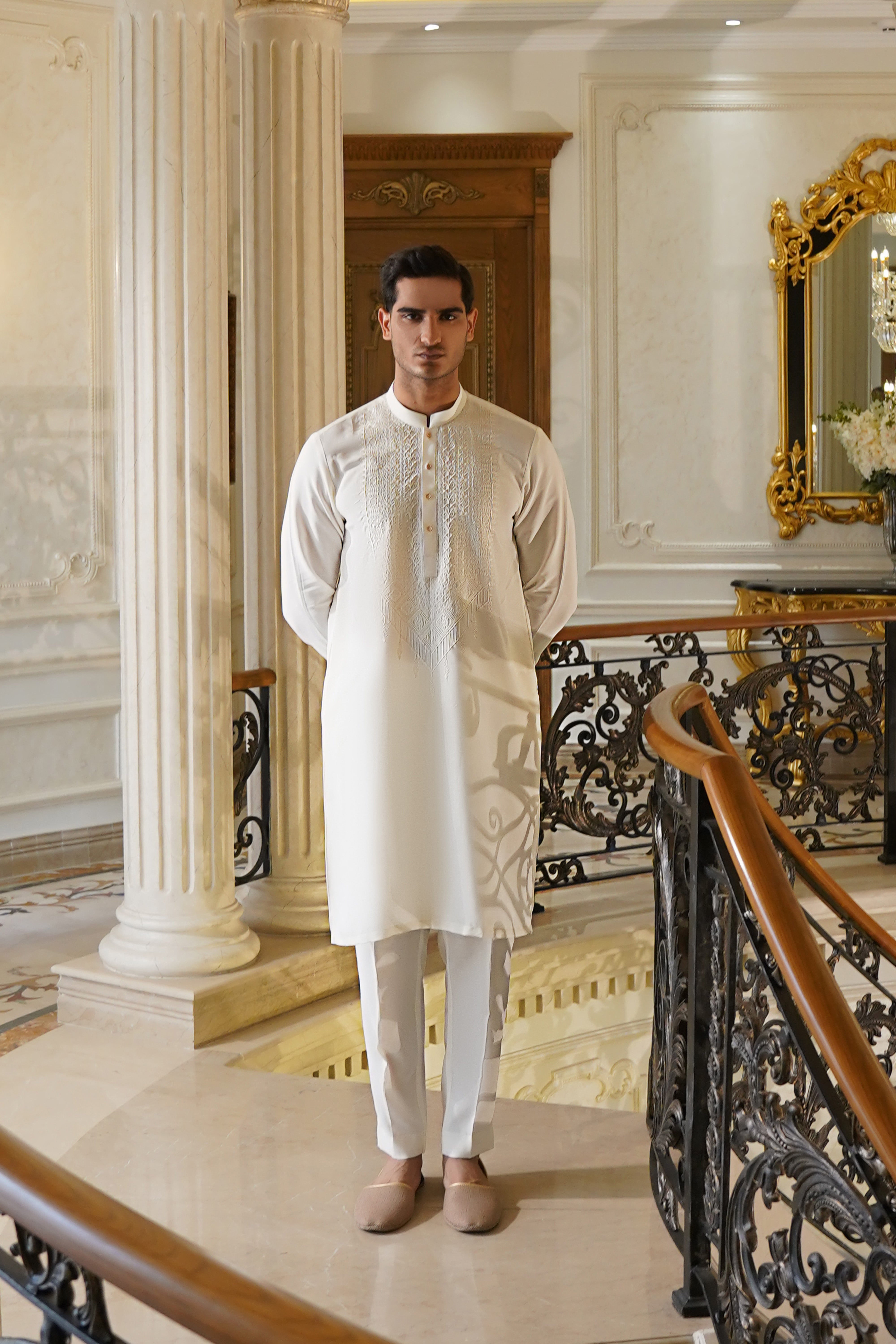Ivory Hand-Embroidered Silk-Blend Kurta (2-Piece) - Image 1