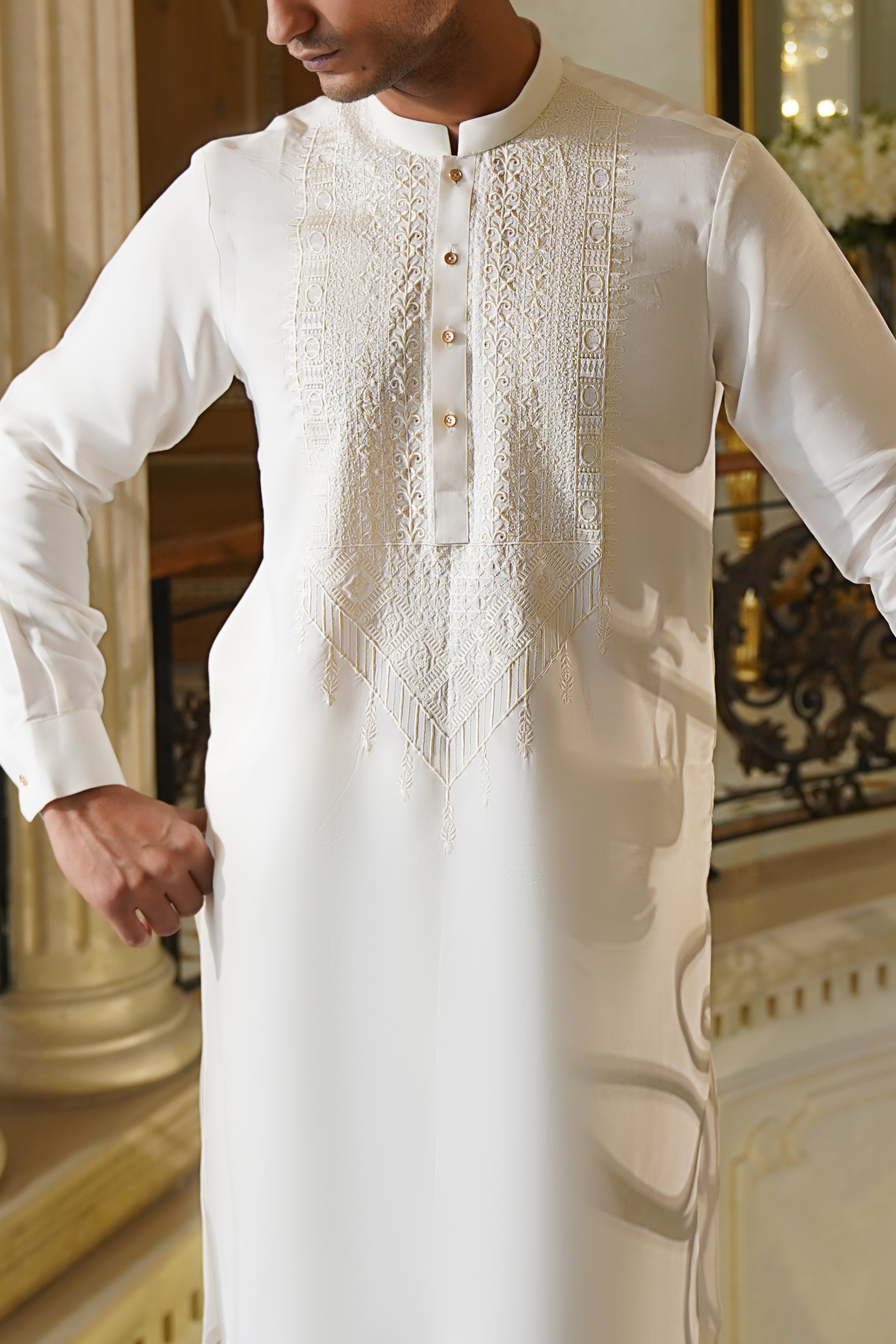 Ivory Hand-Embroidered Silk-Blend Kurta (2-Piece) - Image 2