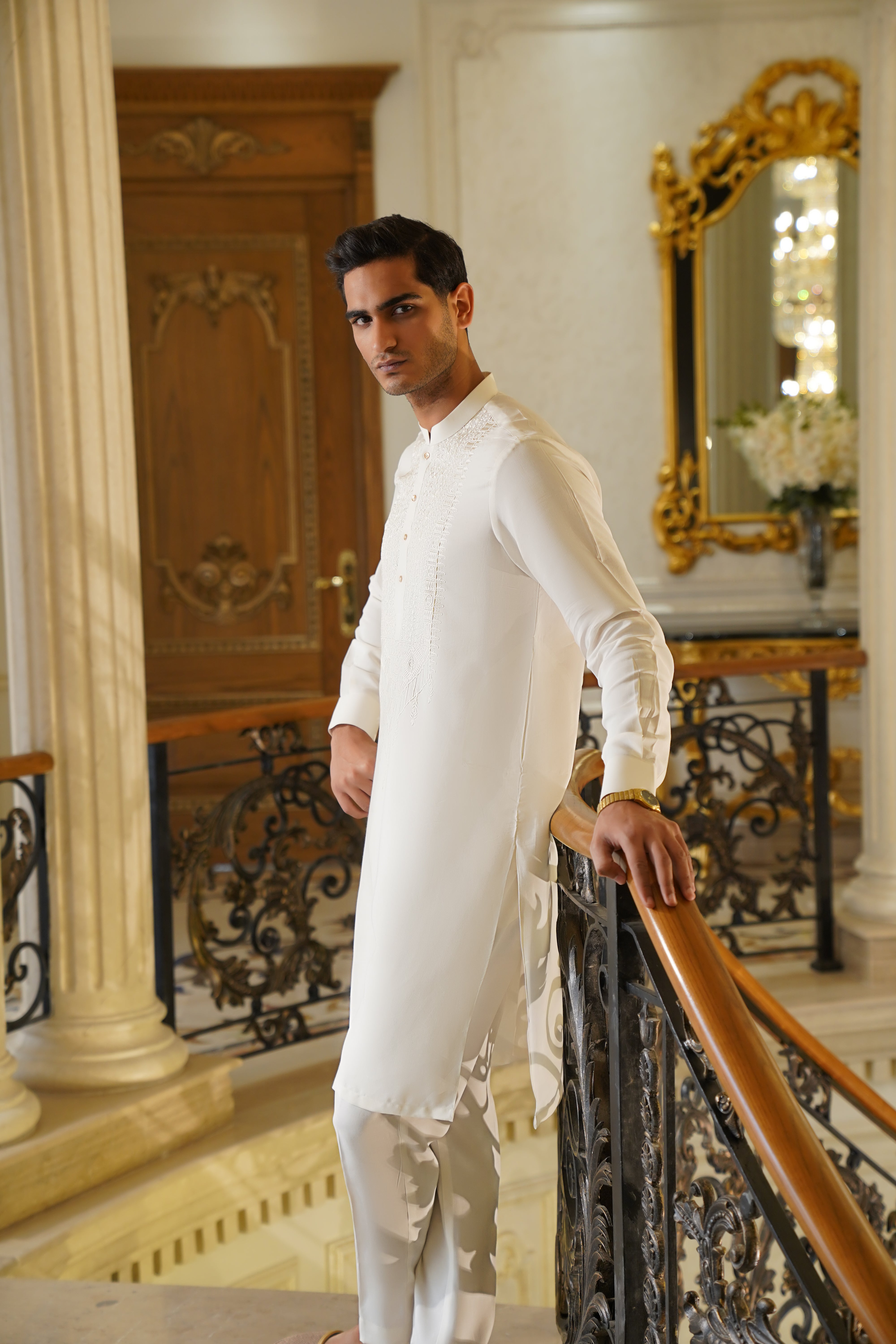 Ivory Hand-Embroidered Silk-Blend Kurta (2-Piece) - Image 3