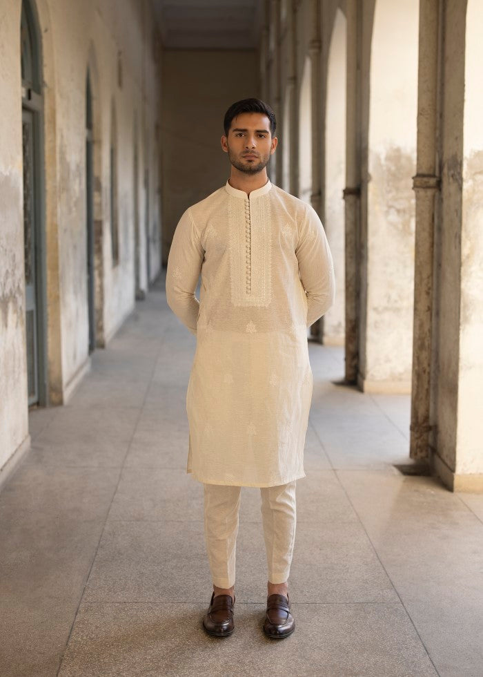 Ivory Embroidered Pure Silk Kurta Pajama (2-Piece) - Image 1