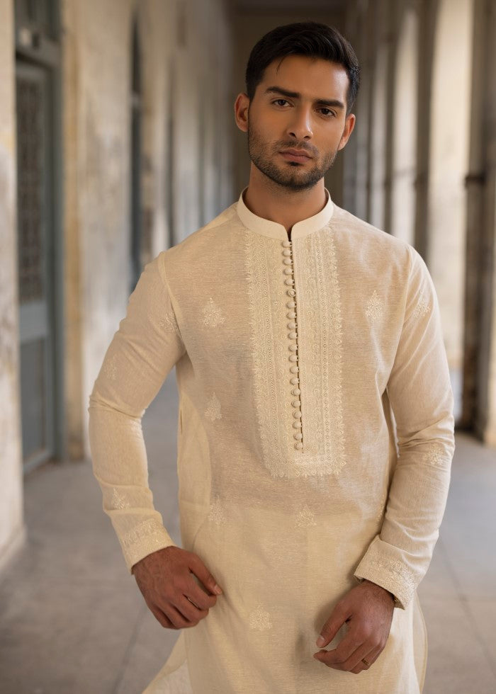 Ivory Embroidered Pure Silk Kurta Pajama (2-Piece) - Image 2