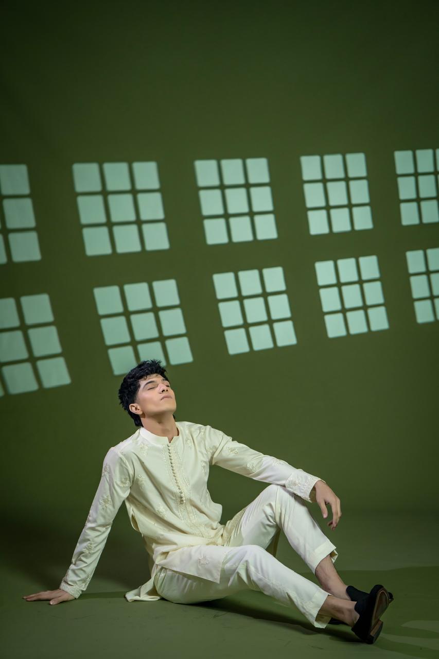 Cream Embroidered Wash & Wear Kurta Set (2-Piece) - Image 5