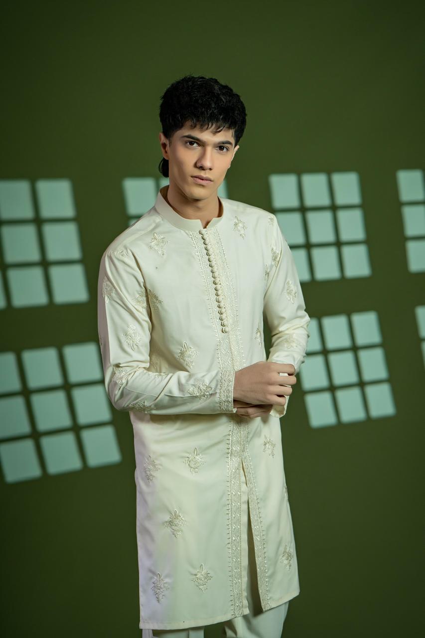 Cream Embroidered Wash & Wear Kurta Set (2-Piece) - Image 6